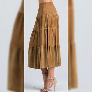 Ys velvet sueded tiered midi skirt gold brown